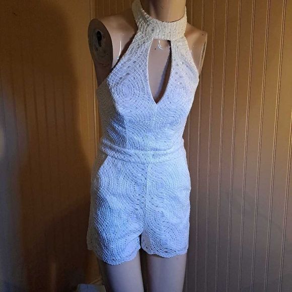 B Darlin Pants - B Darlin Womens Lace Romper White Geometric Pockets Halter Neck Lined Cutout 5/6